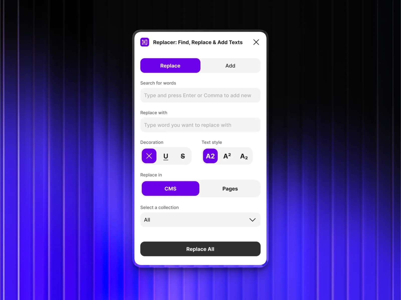 Replacer: Find, Replace & Add Texts — Bulk Find & Replacer for pages